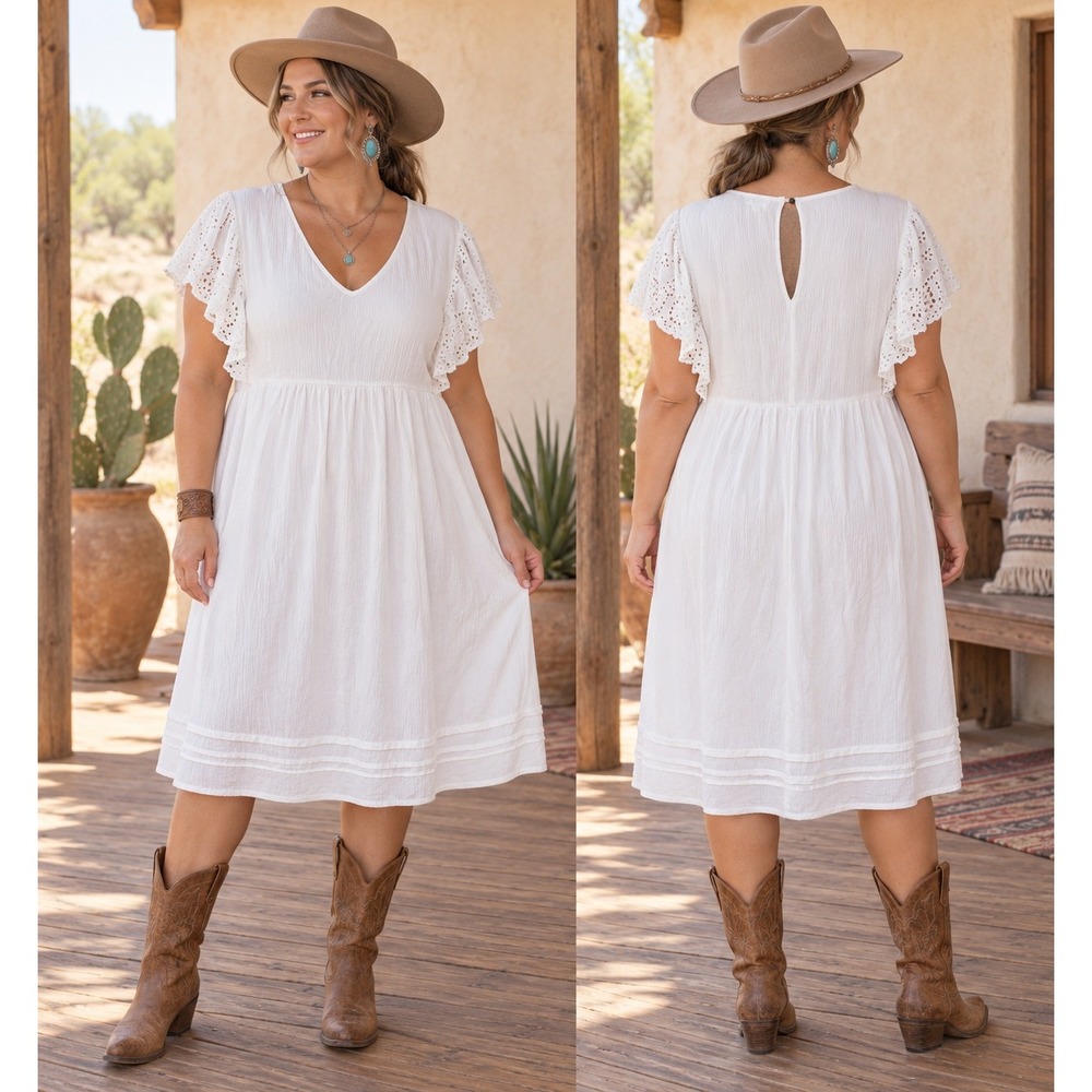 Boho Western Beachy White Eyelet Flutter Sleeve Crinkle V-Neck Boho XL Dress